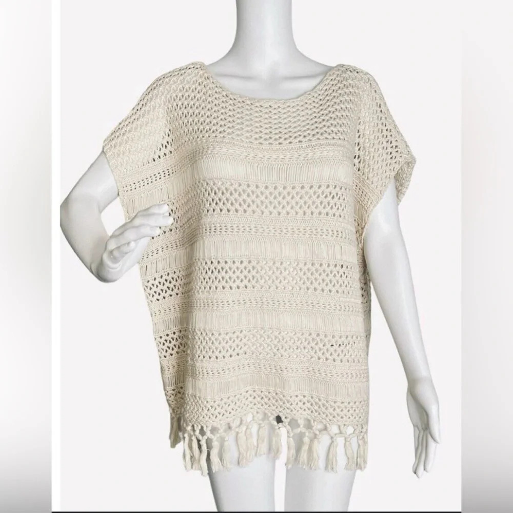 CHAPS Tribal Natural Cream Crochet Fringe Pullover Boho Sweater Size S/M Hippie